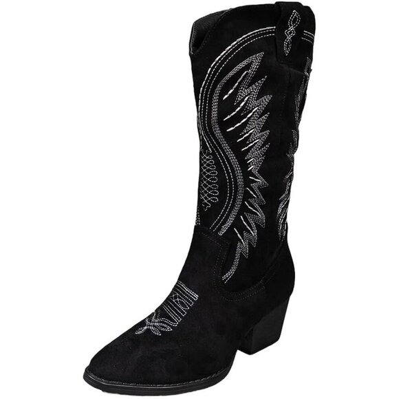 Women's Suede Embroidered Side Zipper High Heeled Boots With Sloping Heel Black